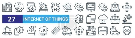 set of 27 outline web internet of things icons such as smart city, digital twin, smart meter, health monitoring, smart device, energy management, grid, shield vector thin line icons for web design,