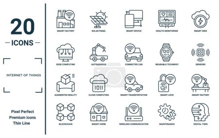 internet of things linear icon set. includes thin line smart factory, edge computing, augmented reality, blockchain, digital twin, connected car, smart factory icons for report, presentation,