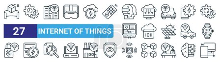 set of 27 outline web internet of things icons such as augmented reality, maintenance, smart city, edge computing, cloud computing, smart meter, sensors, smart device vector thin line icons for web