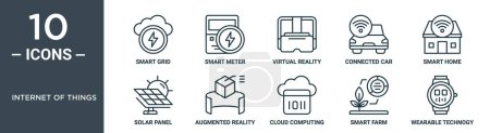 internet of things outline icon set includes thin line smart grid, smart meter, virtual reality, connected car, smart home, solar panel, augmented reality icons for report, presentation, diagram,
