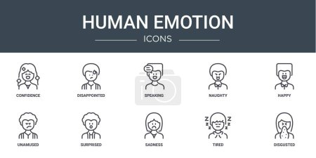 Satz von 10 Umrissen Web menschliche Emotionen Symbole wie Vertrauen, enttäuscht, sprechen, frech, glücklich, unamused, überrascht Vektor-Symbole für Bericht, Präsentation, Diagramm, Web-Design, mobile App