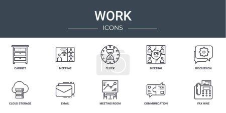 set of 10 outline web work icons such as cabinet, meeting, clock, meeting, discussion, cloud storage, email vector icons for report, presentation, diagram, web design, mobile app