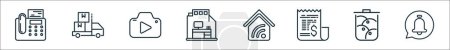 outline set of work line icons. linear vector icons such as fax hine, delivery truck, camera, office, smart house, invoice, trash, notification