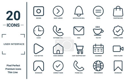 user interface linear icon set. includes thin line record, clock, play button, bookmark, bookmark, mail, video player icons for report, presentation, diagram, web design