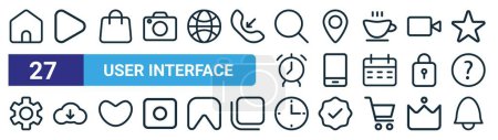 set of 27 outline web user interface icons such as home address, play button, shopping bag, location, smartphone, cloud download, clock, notification bell vector thin line icons for web design,