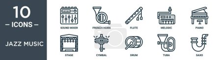 Jazz Music Outline Icon Set enthält Thin Line Sound Mixer, Waldhorn, Flöte, Melodie, Klavier, Bühne, Becken-Icons für Bericht, Präsentation, Diagramm, Webdesign