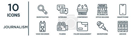 conjunto de iconos de esquema de periodismo como investigación de línea delgada, conferencia, teléfono inteligente, filmación, micrófono, archivo, iconos de grabadora de voz para informe, presentación, diagrama, diseño web