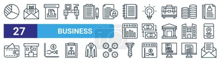 set of 27 outline web business icons such as pie chart, statisctics, box, strategy, money transfer, shop, tie, email vector thin line icons for web design, mobile app.