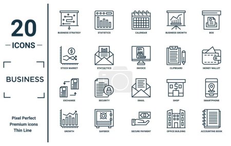 business linear icon set. includes thin line business strategy, stock market, exchange, growth, accounting book, invoice, smartphone icons for report, presentation, diagram, web design