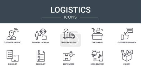 set of 10 outline web logistics icons such as customer support, delivery location, delivery service, carton box, customer feedback, checklist, checklist vector icons for report, presentation,