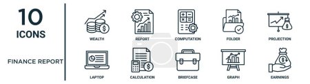 Finanzbericht umreißt Symbolset wie dünne Linie Reichtum, Berechnung, Projektion, Berechnung, Grafik, Ergebnis, Laptop-Symbole für Bericht, Präsentation, Diagramm, Webdesign