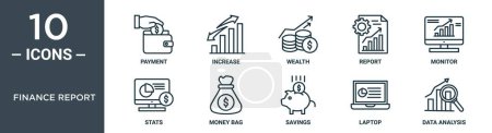 Finanzbericht umreißt Symbolsatz umfasst dünne Linie Zahlung, Erhöhung, Reichtum, Bericht, Monitor, Statistiken, Geldsack-Symbole für Bericht, Präsentation, Diagramm, Webdesign