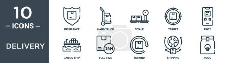 delivery outline icon set includes thin line insurance, hand truck, scale, target, rate, cargo ship, full time icons for report, presentation, diagram, web design