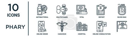 Illustration for Phary outline icon set such as thin line antibacterial, vital, blood bag, caduceus, online consultation, , online order icons for report, presentation, diagram, web design - Royalty Free Image