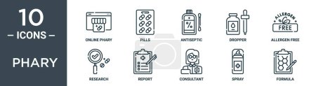 conjunto de iconos de esquema phary incluye phary línea delgada, píldoras, antiséptico, gotero, libre de alérgenos, investigación, iconos de informe para el informe, presentación, diagrama, diseño web