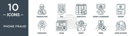 phone fraud outline icon set includes thin line transaction, tax, narcotics, money laundering, report, conscious, scam icons for report, presentation, diagram, web design