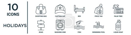 holidays outline icon set such as thin line shopping bag, bed, palm tree, washing hine, swimming pool, liquid soap, road icons for report, presentation, diagram, web design