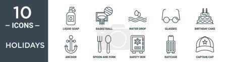 holidays outline icon set includes thin line liquid soap, basketball, water drop, glasses, birthday cake, anchor, spoon and fork icons for report, presentation, diagram, web design