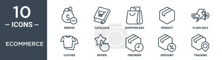Illustration for Ecommerce outline icon set includes thin line remove, catalogue, shopping bag, product, flash sale, clothes, review icons for report, presentation, diagram, web design - Royalty Free Image