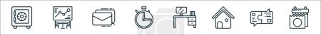 outline set of work line icons. linear vector icons such as safe box, meeting room, email, timer, work station, house, communication, calendar