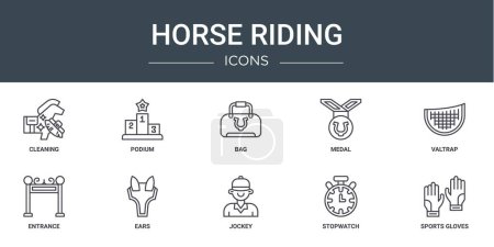 set of 10 outline web horse riding icons such as cleaning, podium, bag, medal, valtrap, entrance, ears vector icons for report, presentation, diagram, web design, mobile app