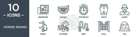 horse riding outline icon set includes thin line newspaper, valtrap, stopwatch, pants, jockey, bridle, cleaning icons for report, presentation, diagram, web design