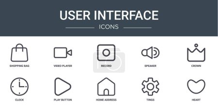 set of 10 outline web user interface icons such as shopping bag, video player, record, speaker, crown, clock, play button vector icons for report, presentation, diagram, web design, mobile app