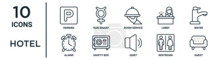 hotel outline icon set such as thin line parking, room service, water, safety box, restroom, guest, alarm icons for report, presentation, diagram, web design