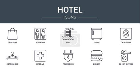 conjunto de 10 iconos del hotel web esquema tales como compras, baño, piscina, nevera, cajero automático, percha, iconos de primeros auxilios vector para el informe, presentación, diagrama, diseño web, aplicación móvil
