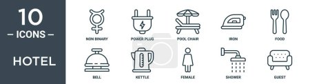 hotel outline icon set includes thin line non binary, power plug, pool chair, iron, food, bell, kettle icons for report, presentation, diagram, web design