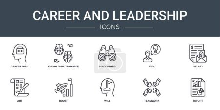 set of 10 outline web career and leadership icons such as career path, knowledge transfer, binoculars, idea, salary, art, boost vector icons for report, presentation, diagram, web design, mobile app