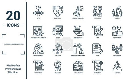 career and leadership linear icon set. includes thin line gym, project management, empowerment, certificate, launch, membership, leadership icons for report, presentation, diagram, web design