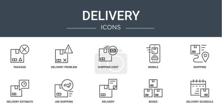 set of 10 outline web delivery icons such as package, delivery problem, shipping cost, mobile, shipping, delivery estimate, air shipping vector icons for report, presentation, diagram, web design,