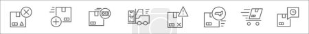 outline set of delivery line icons. linear vector icons such as package, add delivery, shipping cost, forklift, delivery problem, air shipping, express estimate