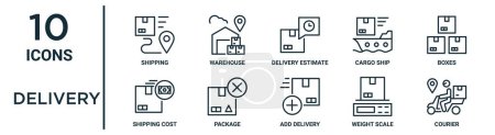 delivery outline icon set such as thin line shipping, delivery estimate, boxes, package, weight scale, courier, shipping cost icons for report, presentation, diagram, web design