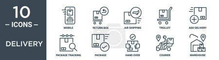 delivery outline icon set includes thin line mobile, return box, air shipping, trolley, add delivery, package tracking, package icons for report, presentation, diagram, web design