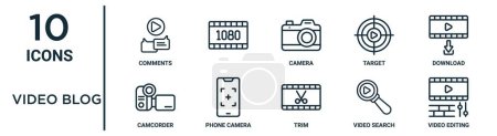 video blog outline icon set such as thin line comments, camera, download, phone camera, video search, video editing, camcorder icons for report, presentation, diagram, web design