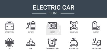 set of 10 outline web electric car icons such as car battery, battery, circuit, drivetrain, battery, ac, car vector icons for report, presentation, diagram, web design, mobile app