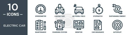 Elektro-Auto Umriss Symbol-Set umfasst dünne Linie Tacho, niedrige Batterie, keine fossilen Brennstoffe, Stoppuhr, nachhaltige Energie, Wartung, Ladestation Symbole für Bericht, Präsentation, Diagramm, Web