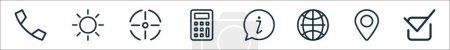 outline set of user interface line icons. linear vector icons such as telephone, sun, focus, calculator, information, internet, pin holder, correct mark