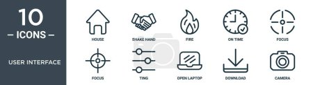 user interface outline icon set includes thin line house, shake hand, fire, on time, focus, focus, ting icons for report, presentation, diagram, web design