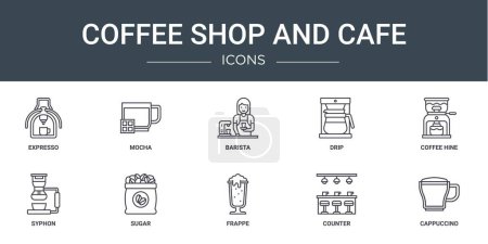 Set mit 10 umrissenen Web-Coffee-Shop- und Café-Symbolen wie Expresso, Mokka, Barista, Drip, Kaffeemaschine, Siphon, Zuckervektorsymbole für Bericht, Präsentation, Diagramm, Webdesign, mobile App