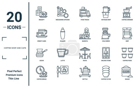 coffee shop and cafe linear icon set. includes thin line receipt, credit card, cezve, coffee break, sugar, barista, coffee pods icons for report, presentation, diagram, web design