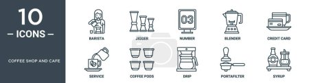 café boutique et café icône de contour ensemble comprend ligne mince barista, jigger, numéro, mélangeur, carte de crédit, service, capsules de café icônes pour rapport, présentation, diagramme, conception web