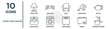 home appliances outline icon set such as thin line table lamp, sofa, kettle, dryer hine, fridge, pressure cooker, dishwasher icons for report, presentation, diagram, web design