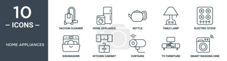 home appliances outline icon set includes thin line vaccum cleaner, home appliance, kettle, table lamp, electric stove, dishwasher, kitchen cabinet icons for report, presentation, diagram, web