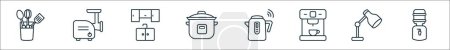 Umriss Reihe von Haushaltsgeräten Linie Symbole. lineare Vektorsymbole wie Küchenutensilien, Fleischwolf, Küchenschrank, Topftopf, Wasserkocher, Kaffeemaschine, Tischlampe, Spender