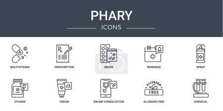 set of 10 outline web phary icons such as multivitamin, prescription, drugs, reminder, spray, vitamin, cream vector icons for report, presentation, diagram, web design, mobile app