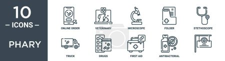 phary outline icon set enthält dünne Linie Online-Bestellung, Tierarzt, Mikroskop, Ordner, Stethoskop, LKW, Medikamente Symbole für Bericht, Präsentation, Diagramm, Webdesign