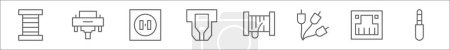 Ilustración de Esquema conjunto de iconos de línea de cable. iconos vectoriales lineales como carrete de cable, dvi, zócalo, ranura, carrete de cable, Ethernet rca, conector de audio - Imagen libre de derechos